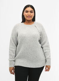 Melange-Pullover mit perlenbesetzten Knöpfen, Light Grey Melange, Model