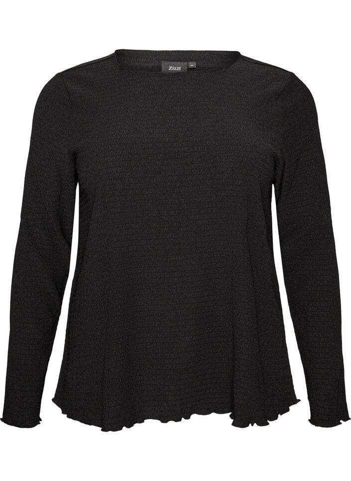 Strukturierte Bluse mit gewellten Kanten, Schwarz, Packshot image number 0