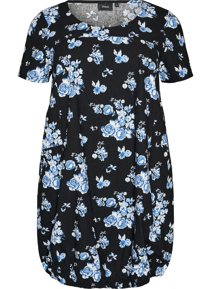 Kurz&auml;rmliges Baumwollkleid mit Aufdruck, Schwarz, Packshot image number 0