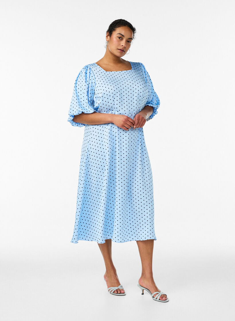 Gepunktetes Midikleid mit eckigem Ausschnitt, Blau, Model image number 1
