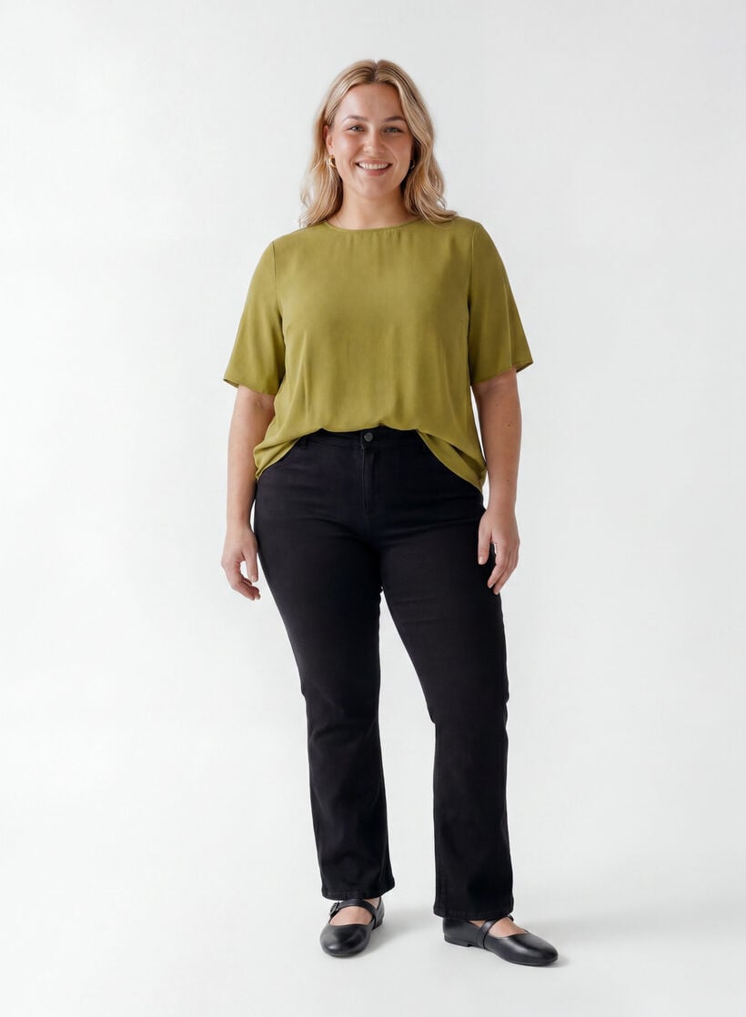Kurz&auml;rmelige, gewebte Bluse mit Rundhals, Gr&uuml;n, Model image number 1