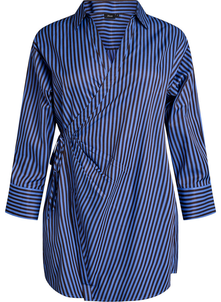 Gestreifte Bluse mit Wickeloptik und Bindeg&uuml;rtel, Blau, Packshot image number 0