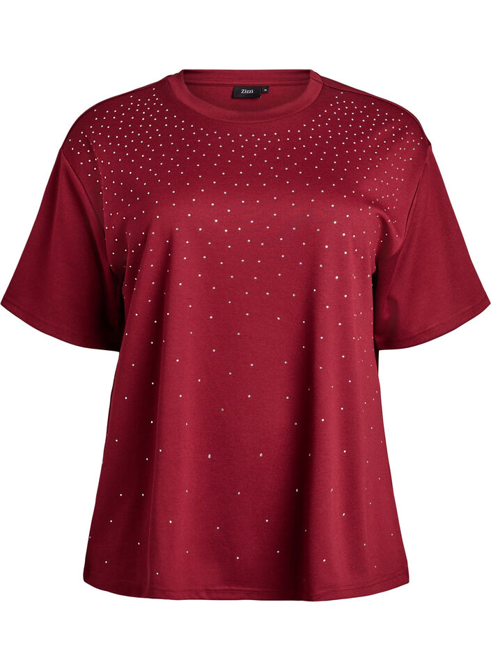 T-Shirt mit Strasssteinen und Rundhalsausschnitt, Dunkles Bordeaux, Packshot image number 0