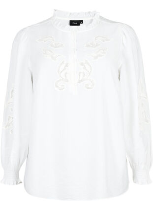 Bluse mit Rüschen und Lochstickerei, Bright White, Packshot image number 0