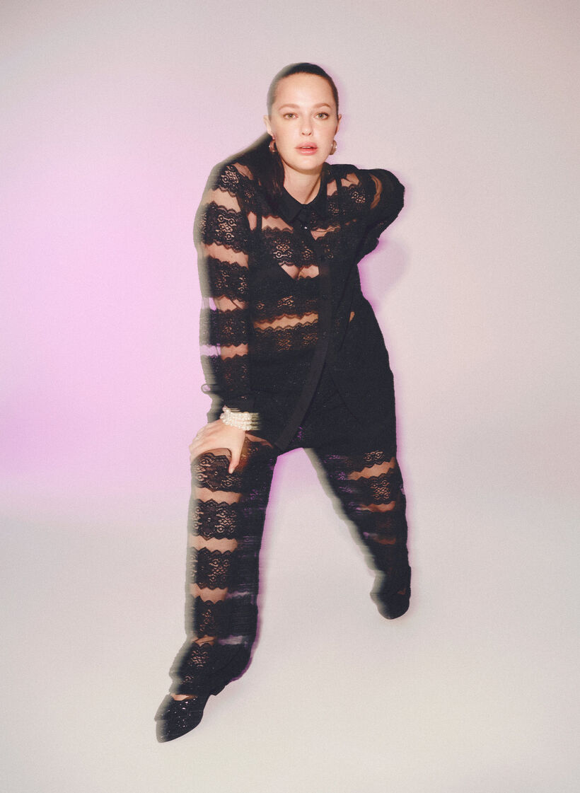 Lockere Bluse mit Spitze und transparentem Mesh, Black, Image image number 0