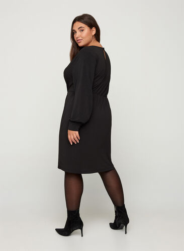 Langarm Kleid mit V-Ausschnitt, Black, Model image number 1