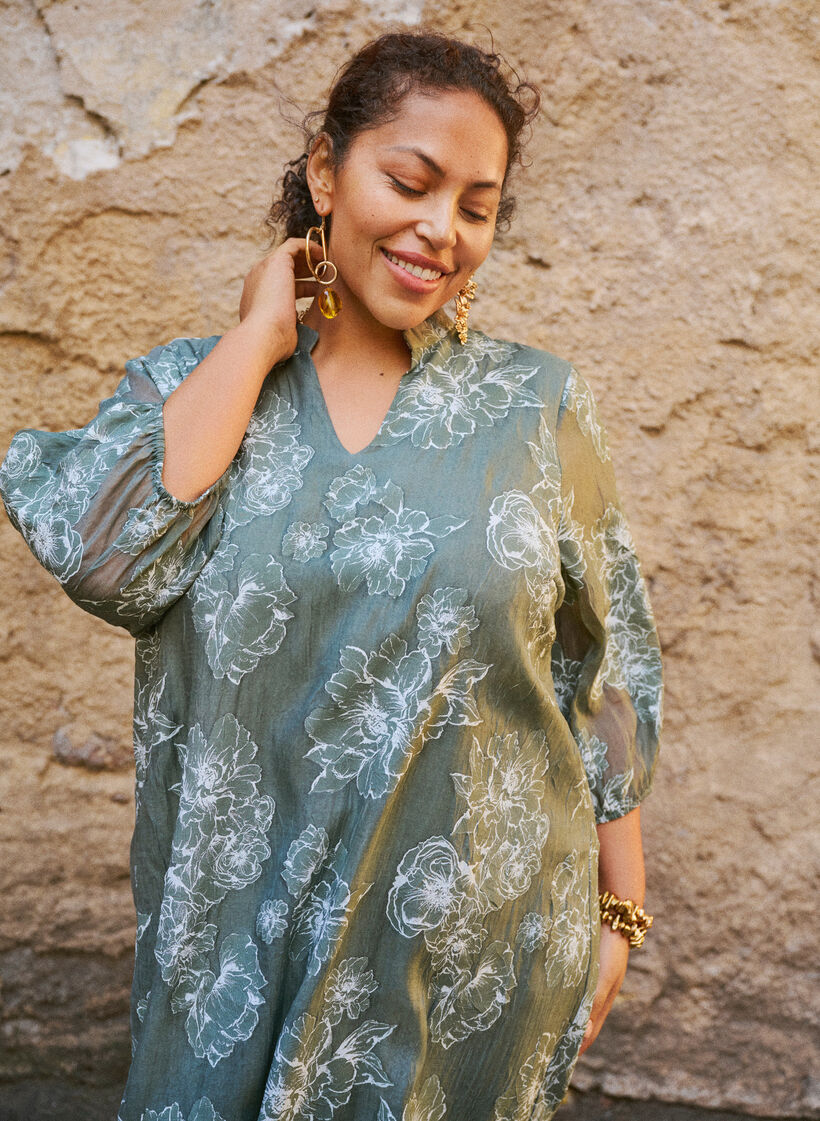 Midikleid mit Blumenprint und transparenten 3/4-&Auml;rmeln, Gr&uuml;n, Image