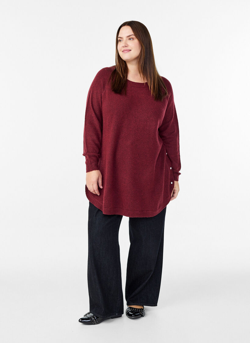 Lange Strickbluse mit Kugelkn&ouml;pfen, Dunkles Bordeaux, Model image number 1