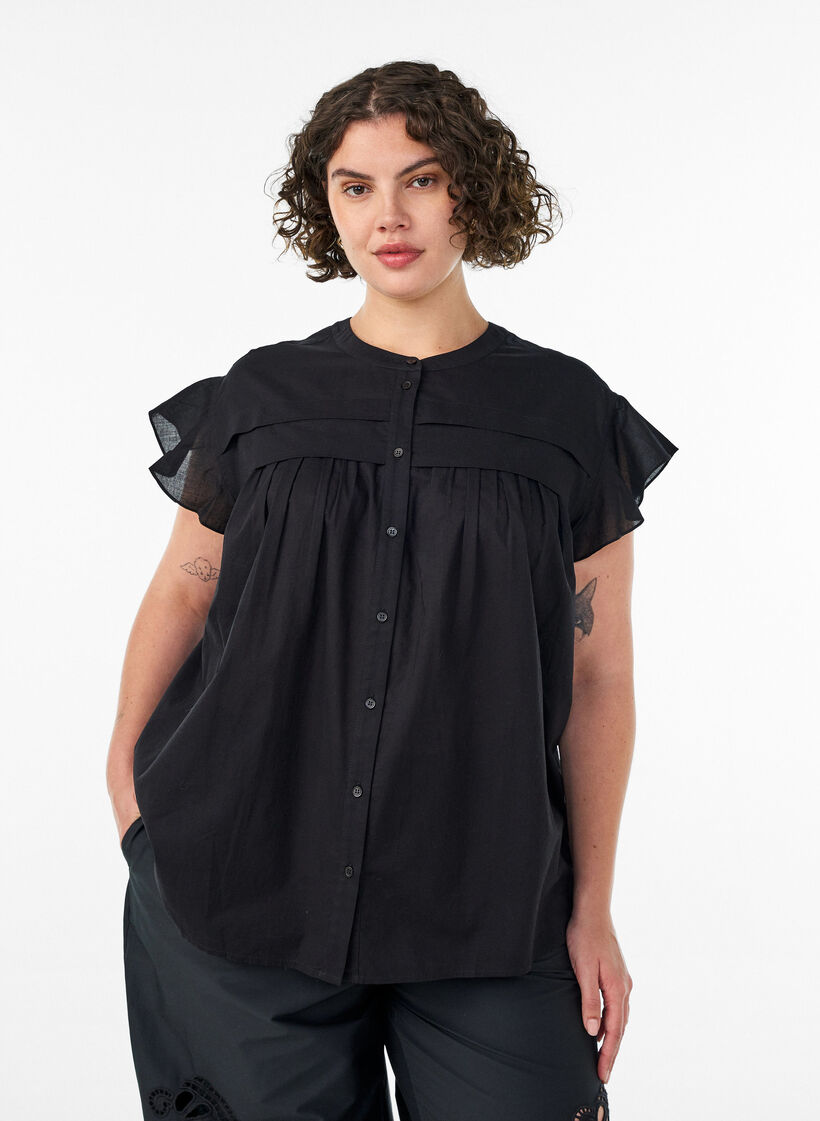 &Auml;rmellose Hemdbluse in A-Linie aus Baumwolle, Schwarz, Model image number 0