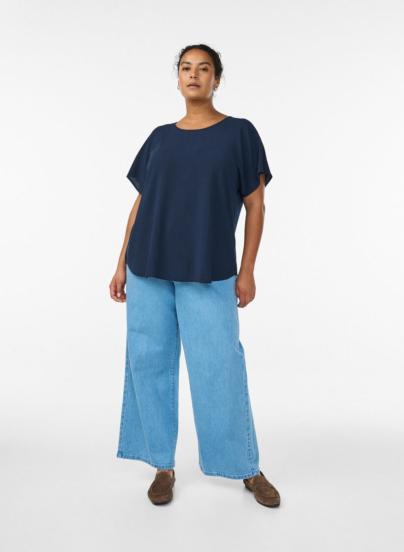 Bluse mit kurzen Ärmeln und Rundhalsausschnitt, Blau, Model image number 1