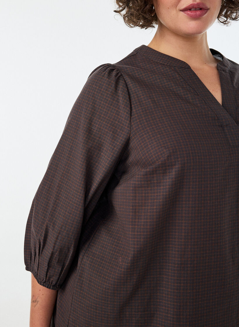 Karierte Bluse mit V-Ausschnitt und 3/4-&Auml;rmeln, Braun, Model image number 3