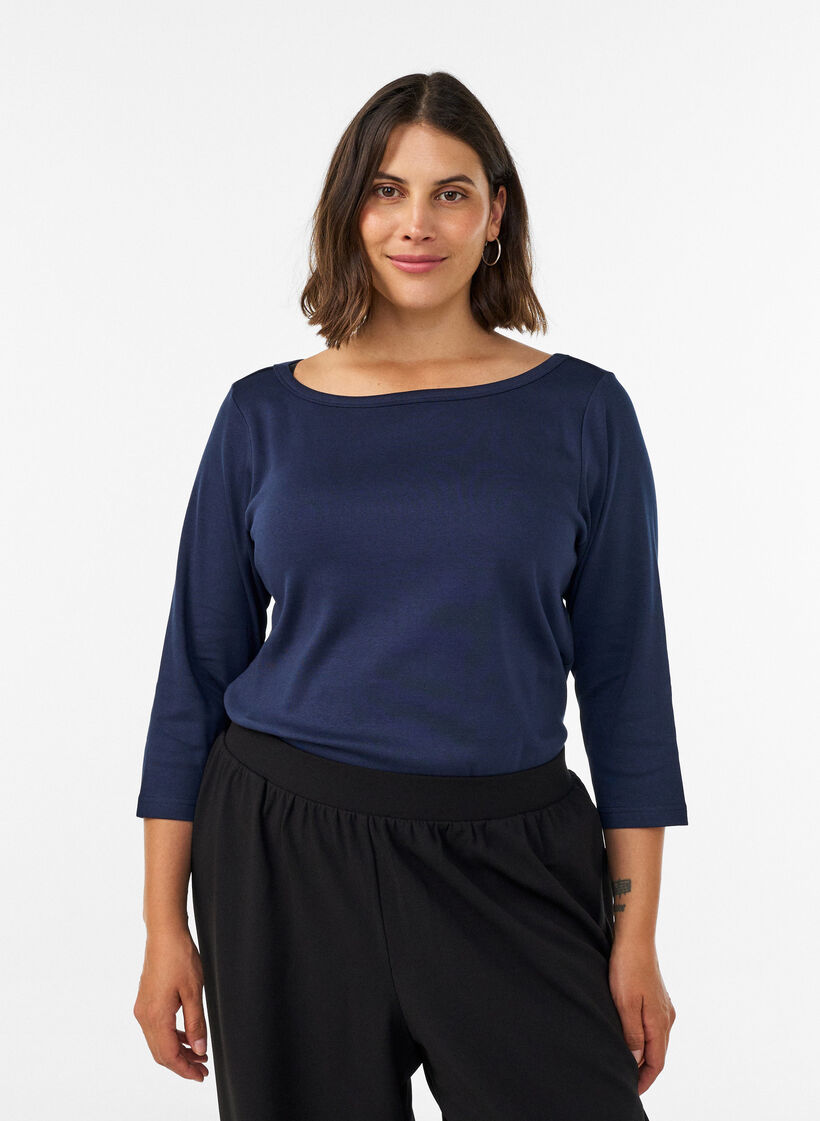 Basic-T-Shirt mit U-Boot-Ausschnitt und 3/4-&Auml;rmeln, Blau, Model image number 0