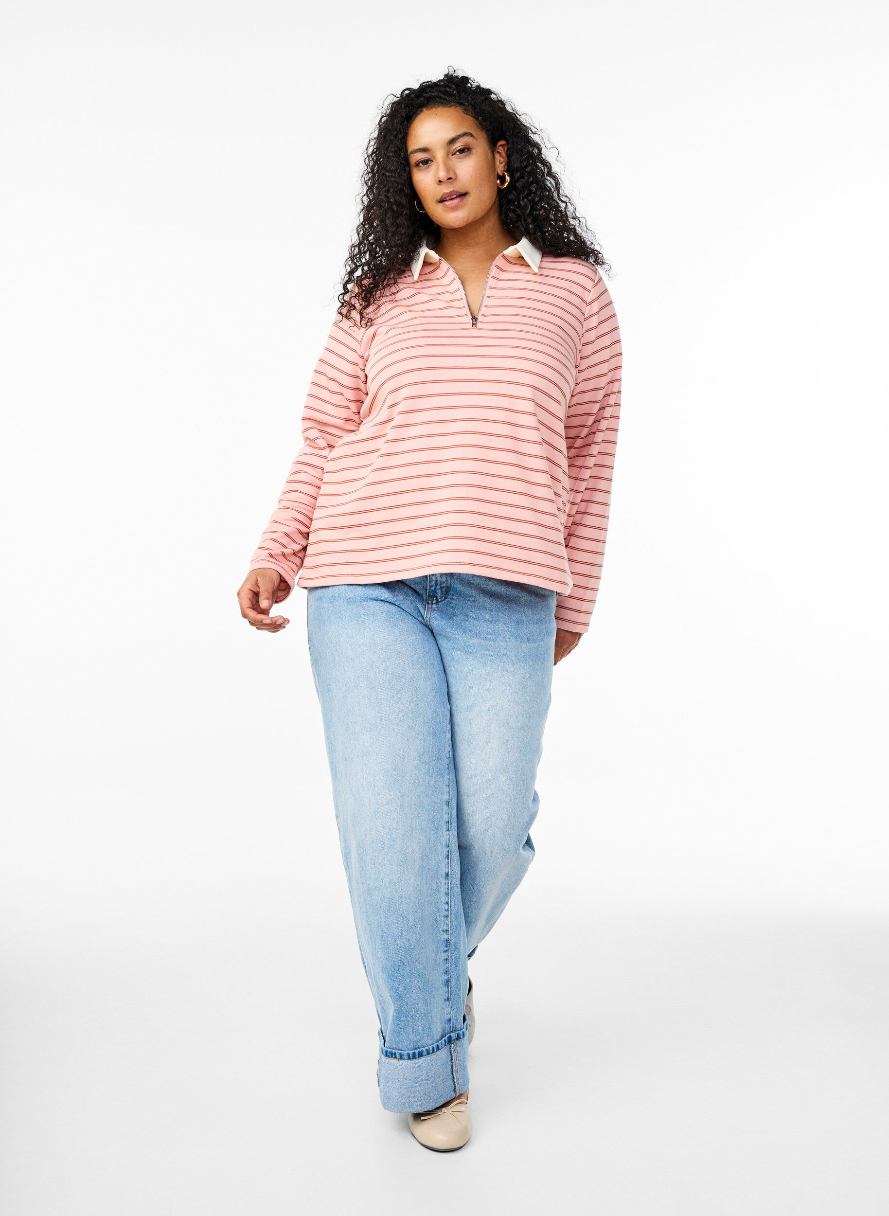 ZizziPoloshirt mit Streifen und Rei&szlig;verschluss, Rot, Model image number 1