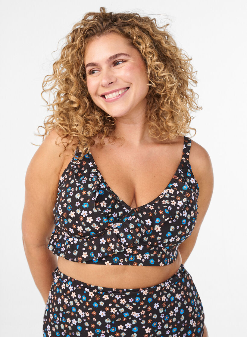 Gebl&uuml;mtes Bikinioberteil mit R&uuml;schendetails, Braun, Model image number 0