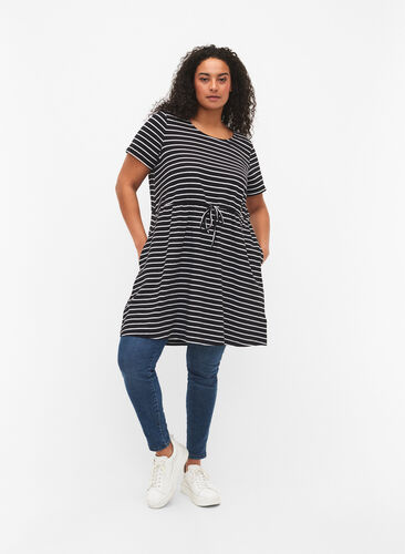Gestreifte Tunika aus Baumwolle mit kurzen Ärmeln, Black Stripe, Model image number 1