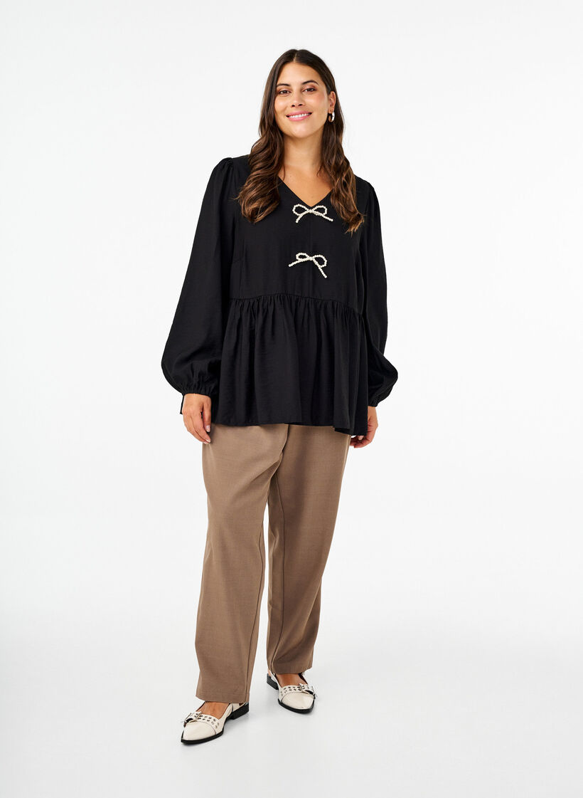 Bluse mit Perlenschleifen und langen Ärmeln, Black, Model image number 3