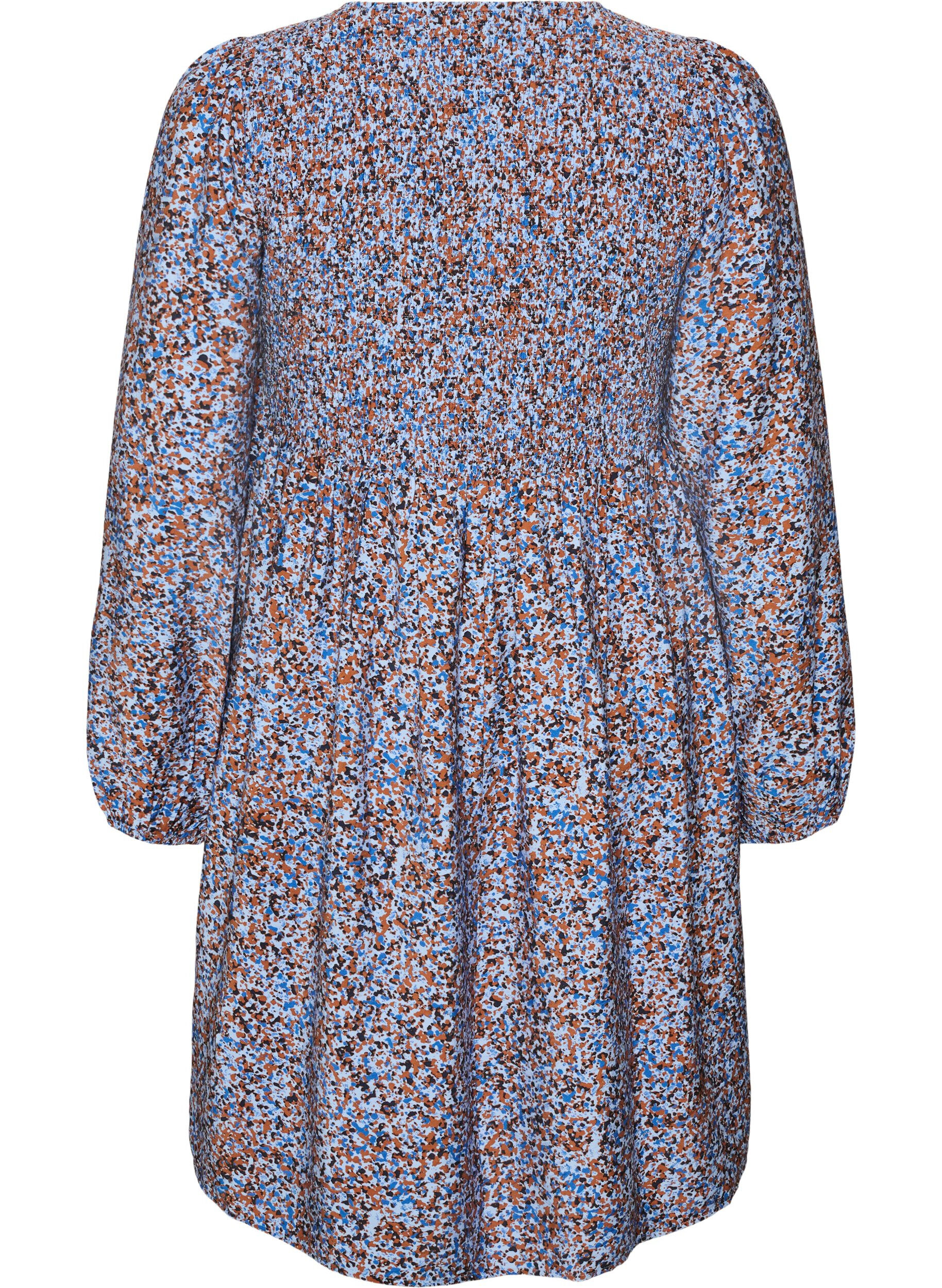 ZizziKleid aus Viskose mit Smock und Allover-Muster, Blau, Packshot image number 1