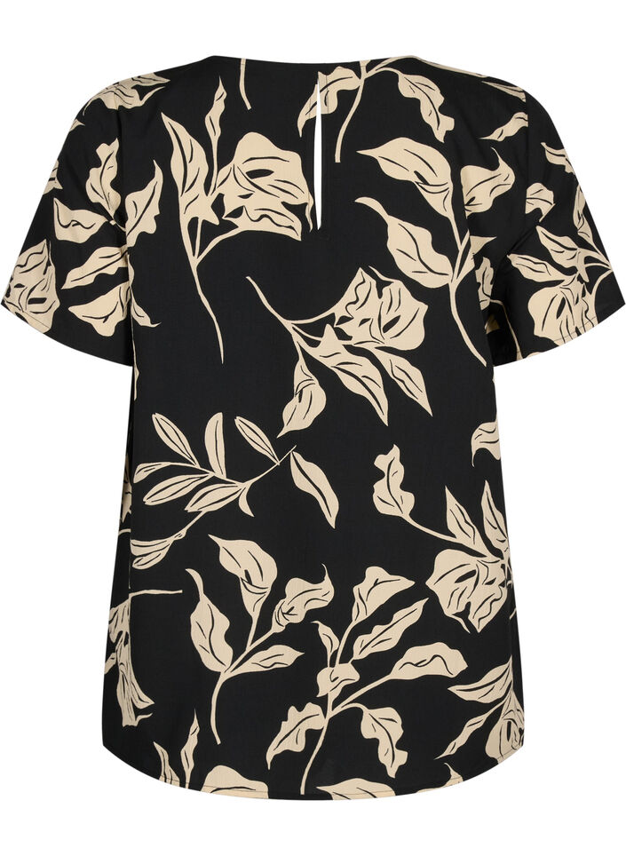 FLASH – Kurzärmelige Bluse mit Aufdruck, Black Off White Fl., Packshot image number 1