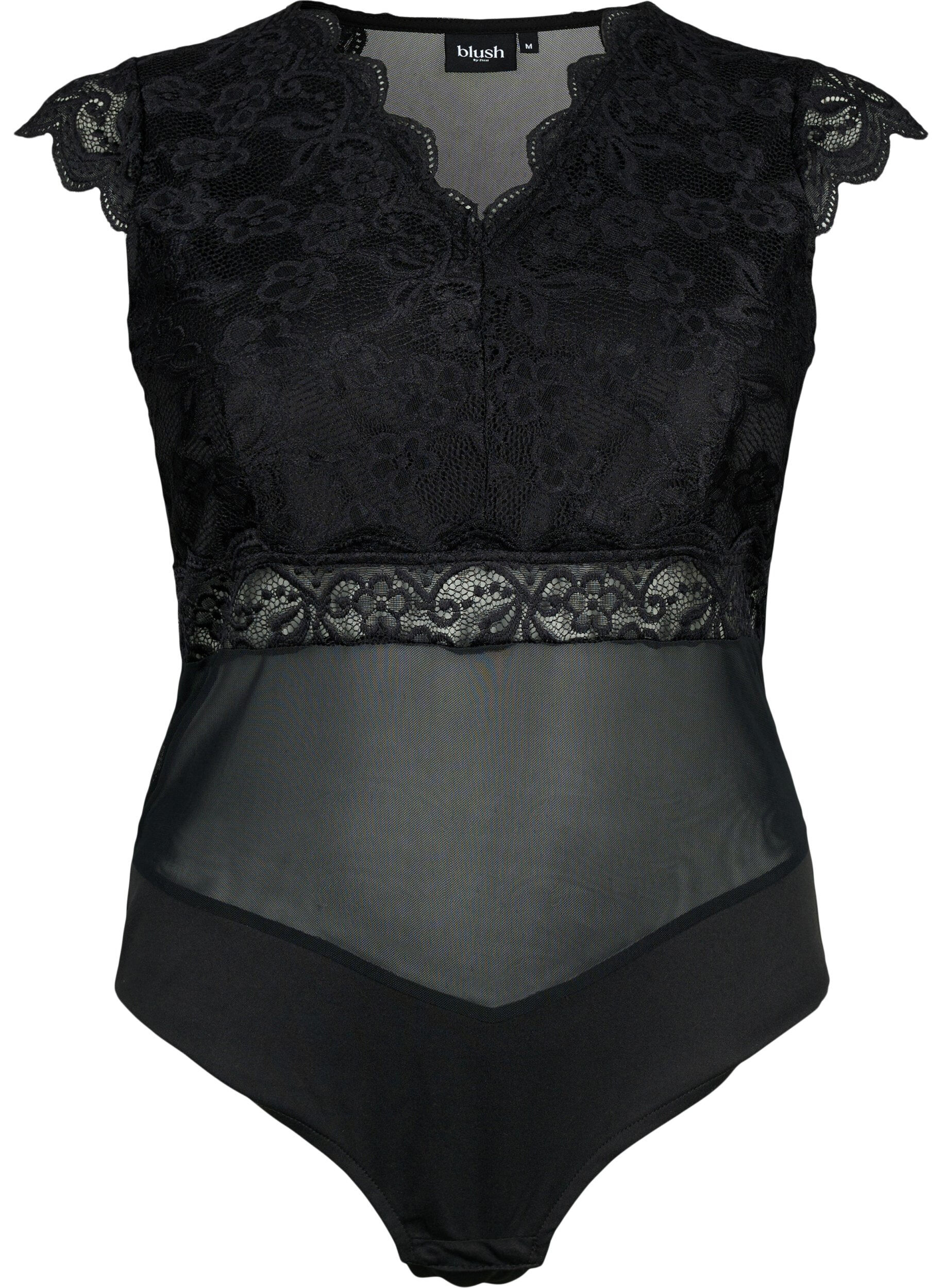 ZizziBodystocking mit Spitze und V-Ausschnitt, Black, Packshot image number 0