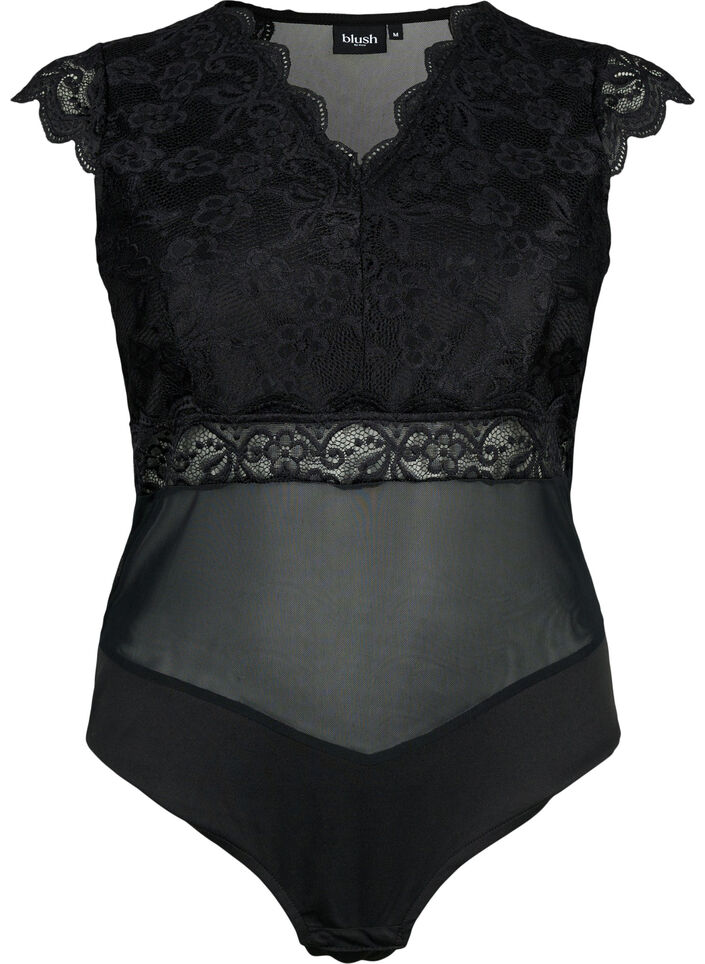 Bodystocking mit Spitze und V-Ausschnitt, Black, Packshot image number 0