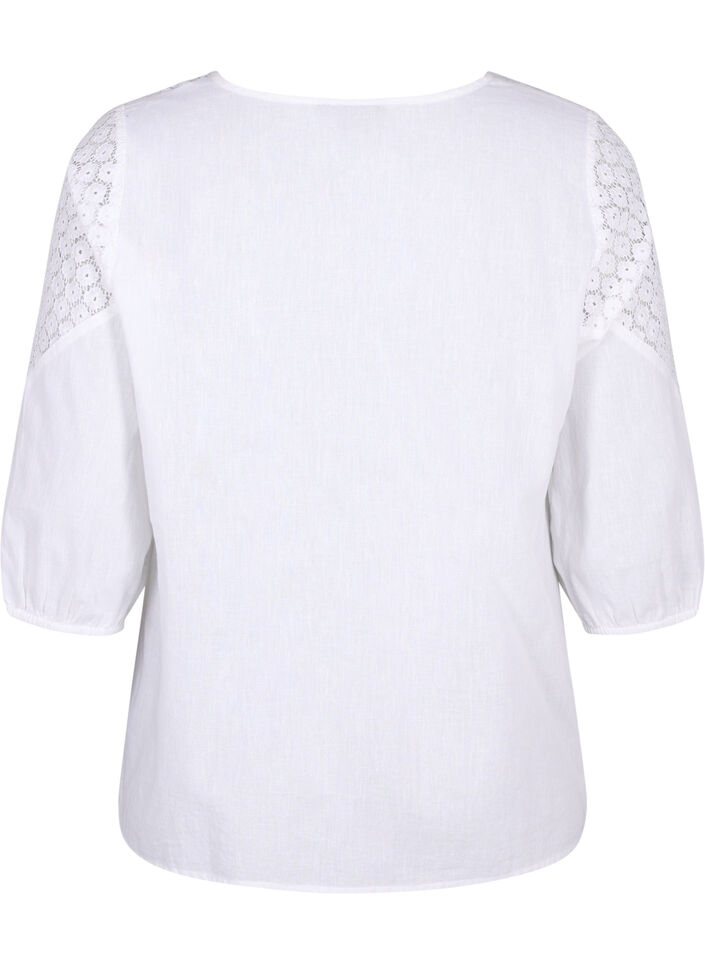 Bluse aus Baumwollmischung mit Leinen und H&auml;keldetails, Bright White, Packshot image number 1