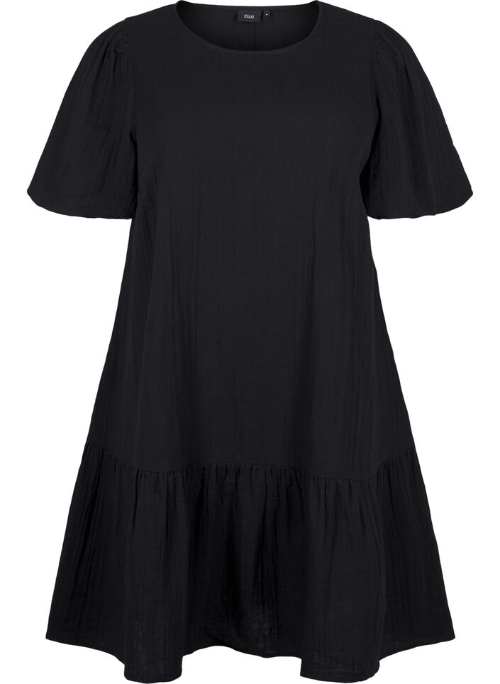 Kurzärmliges Kleid aus Baumwolle mit A-Linien-Schnitt, Black, Packshot image number 0