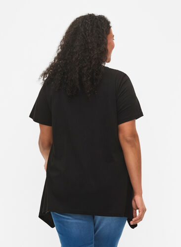 T-Shirt aus Baumwolle mit Textdruck, Black HAPPY, Model image number 1