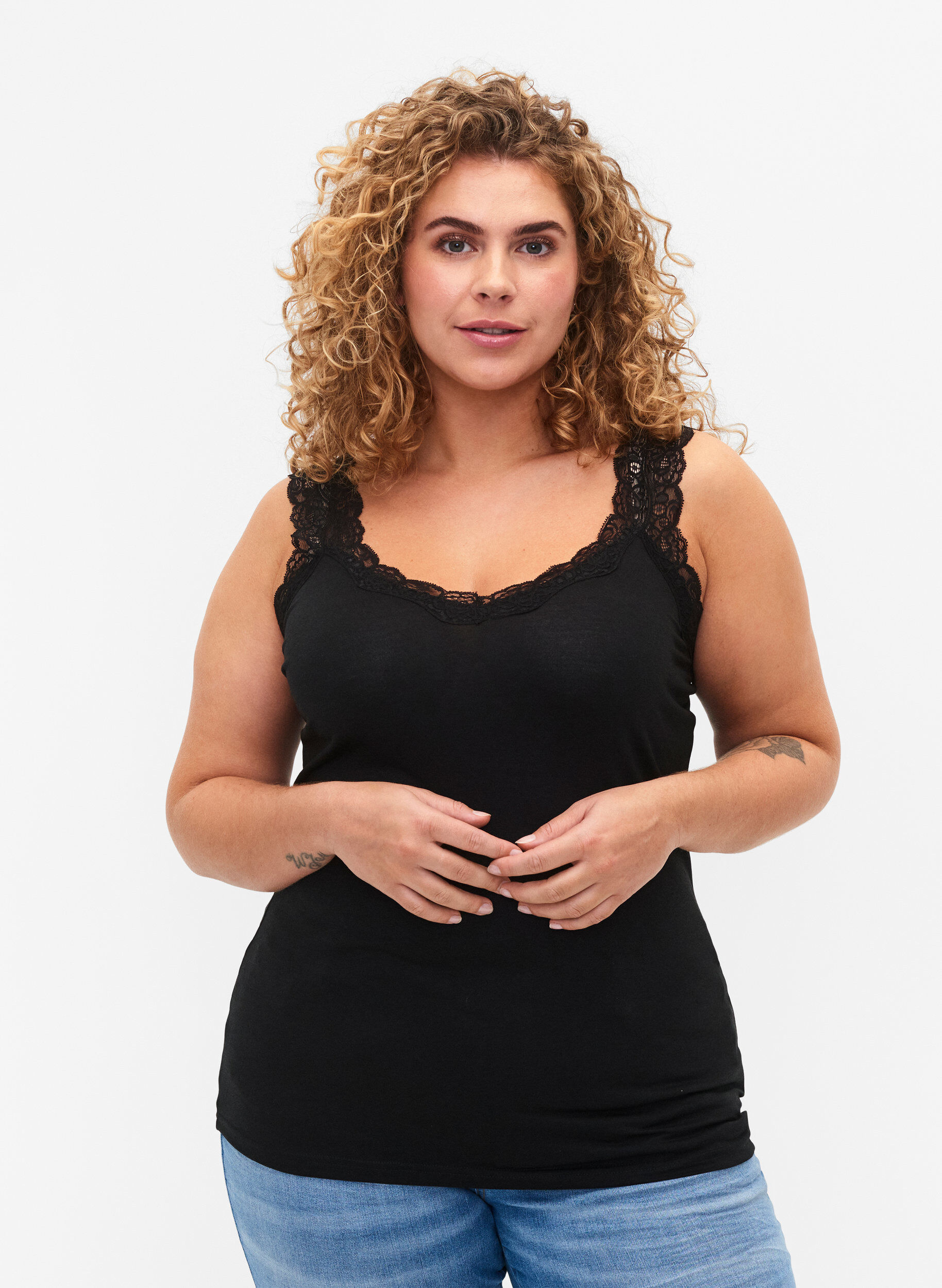 Zizzi2er-Pack Tops mit Spitze, Black / Black, Model image number 0