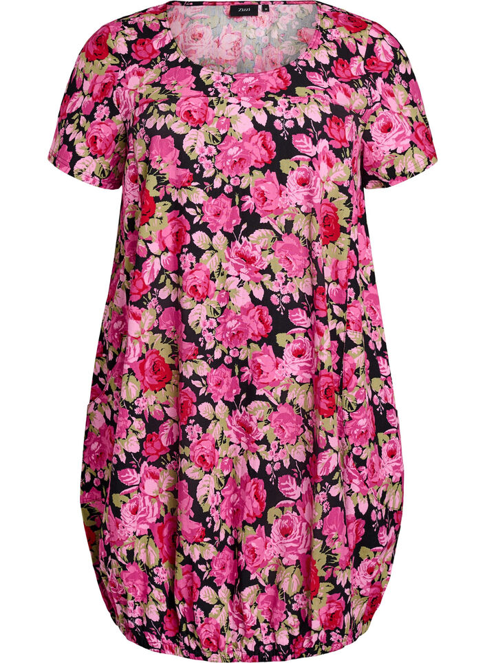 Kurzärmliges Baumwollkleid mit Aufdruck, Schwarz, Packshot image number 0