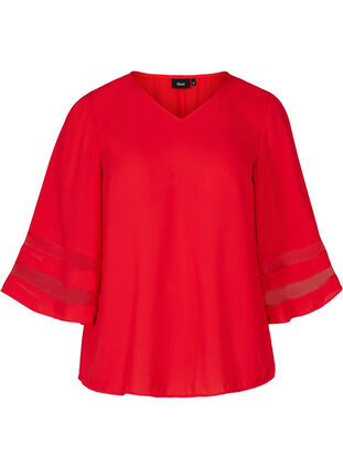 Einfarbige Bluse mit 3/4-Ärmeln und V-Ausschnitt, Haute Red, Packshot image number 0