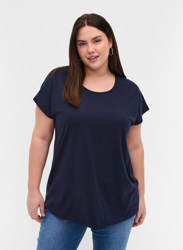 T-Shirt aus Baumwolle mit Streifen, Night Sky Solid, Model image number 0