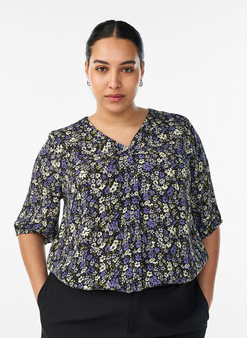 Bluse aus Viskose mit Print und Knopfverschluss, Schwarz, Model image number 0