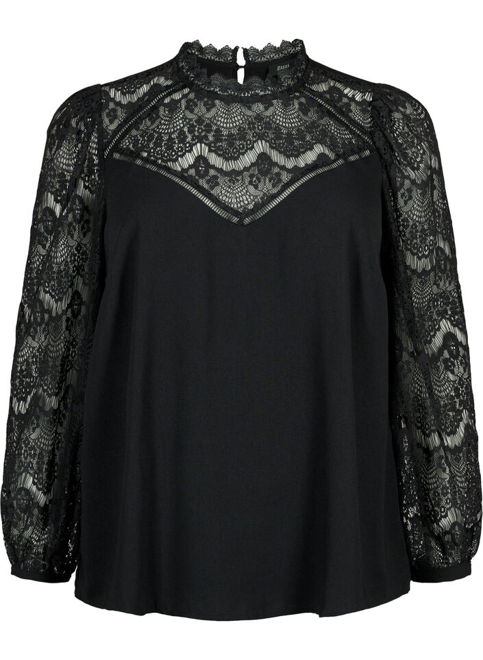 Langärmelige Bluse mit Spitze, Black, Packshot image number 0