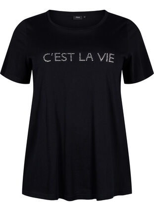 T-Shirt mit Text-Motiv, Black W. Rhinestones, Packshot image number 0