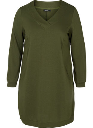 Sweatshirt-Kleid mit V-Ausschnitt, Khaki Green , Packshot image number 0