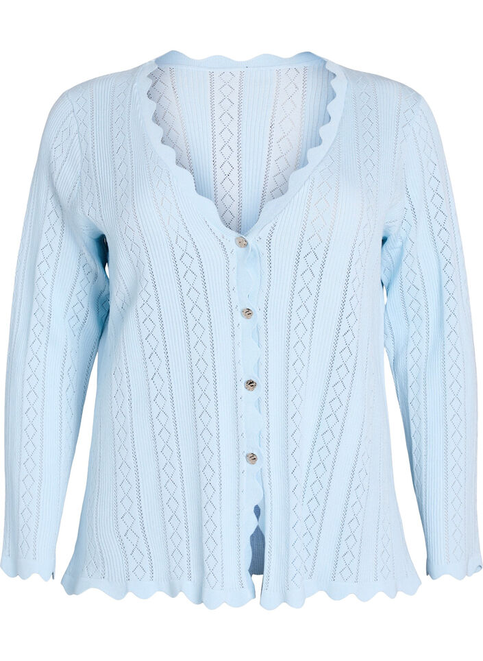 Strickjacke mit Lochstickerei und gewellten Kanten, Blau, Packshot image number 0