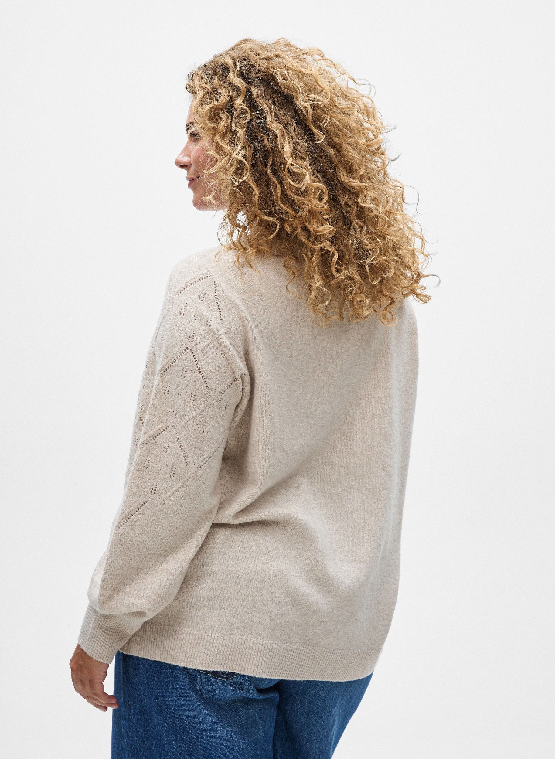 ZizziStricktop mit Lochmuster und Ballon&auml;rmeln, Beige, Model image number 2