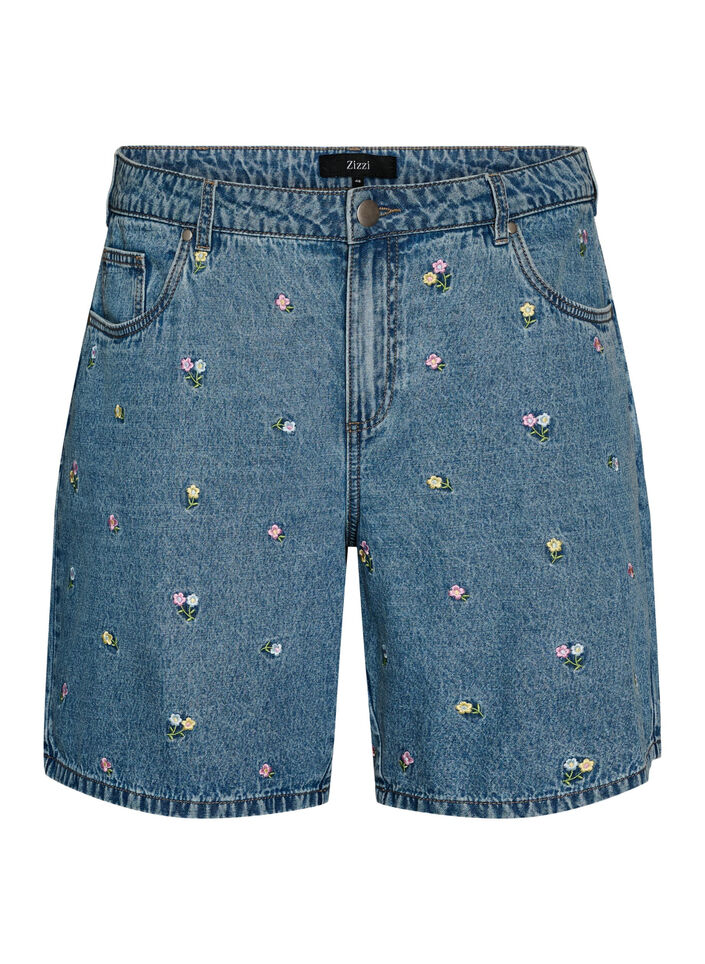 Shorts aus Denim mit bestickten Blumen, Blau, Packshot image number 0