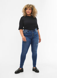 High Waist Amy-Jeans mit Knöpfen., Blue denim, Model