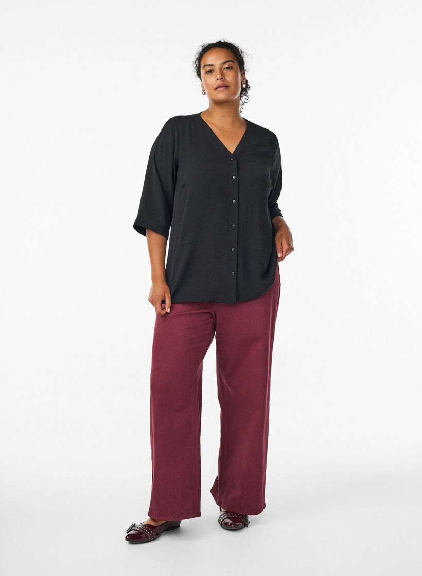 FLASH – Bluse mit V-Ausschnitt und 3/4-Ärmeln, Schwarz, Model image number 1