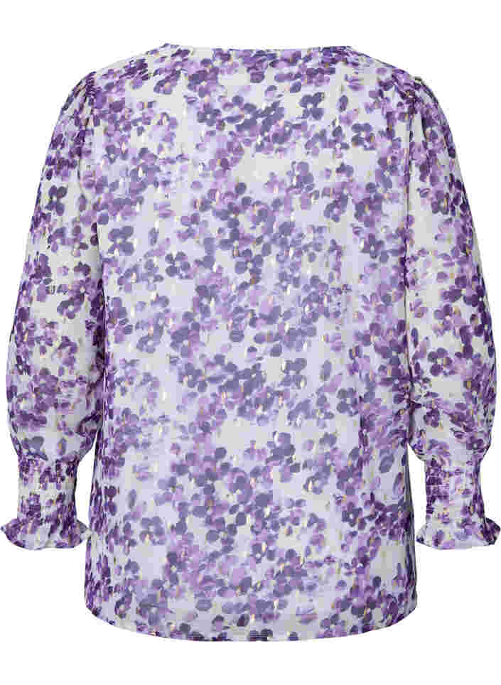 Geblümte Bluse mit langen Ärmeln und V-Ausschnitt, Beige/Purple Flower, Packshot image number 1