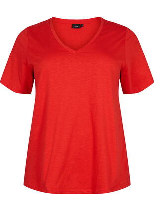 Kurzärmliges Basic-T-Shirt mit V-Ausschnitt, Flame Scarlet, Packshot image number 0