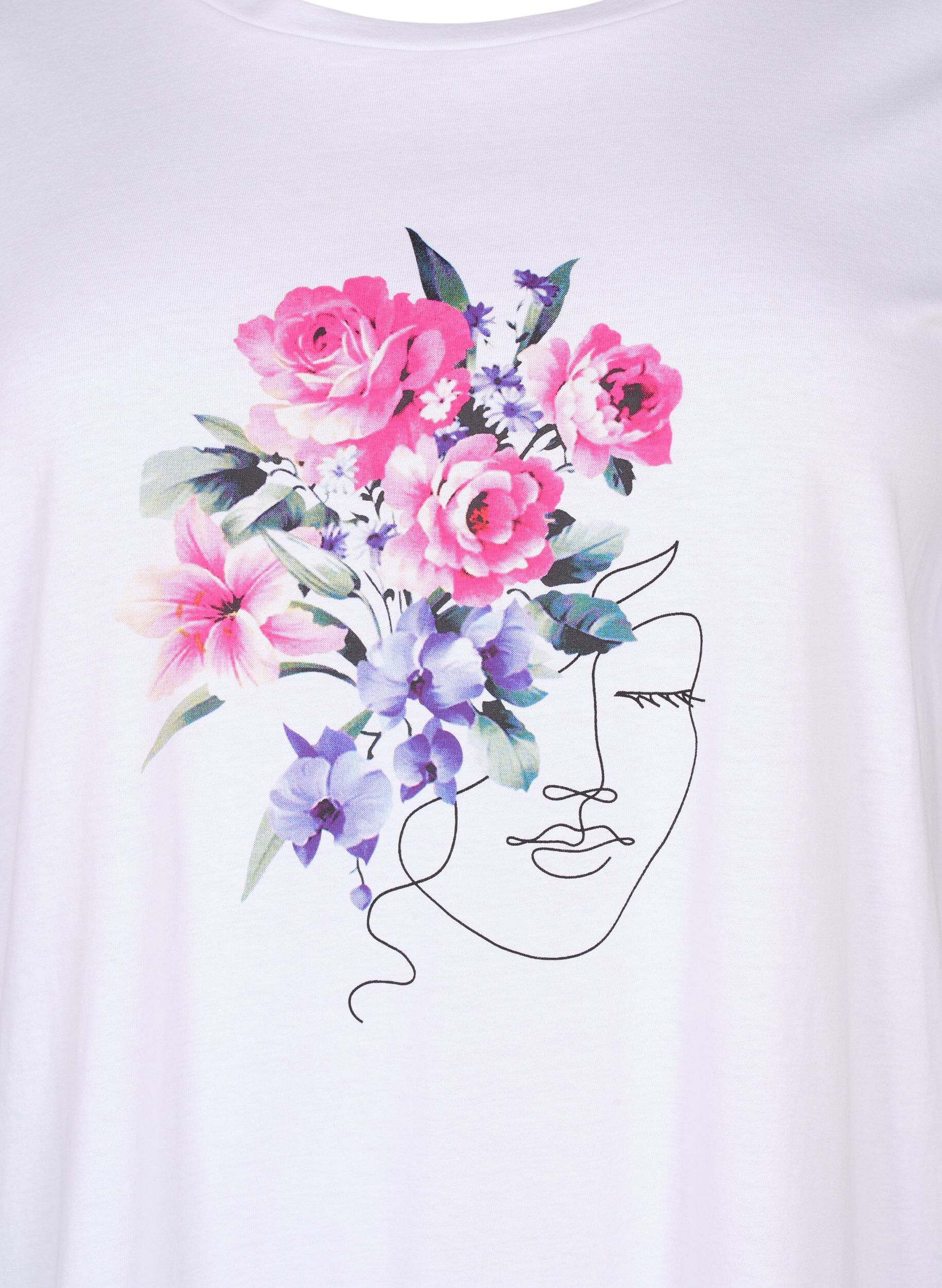 ZizziBaumwoll-T-Shirt mit Blumen- und Portr&auml;t-Motiv, B. White Face Flower, Packshot image number 2