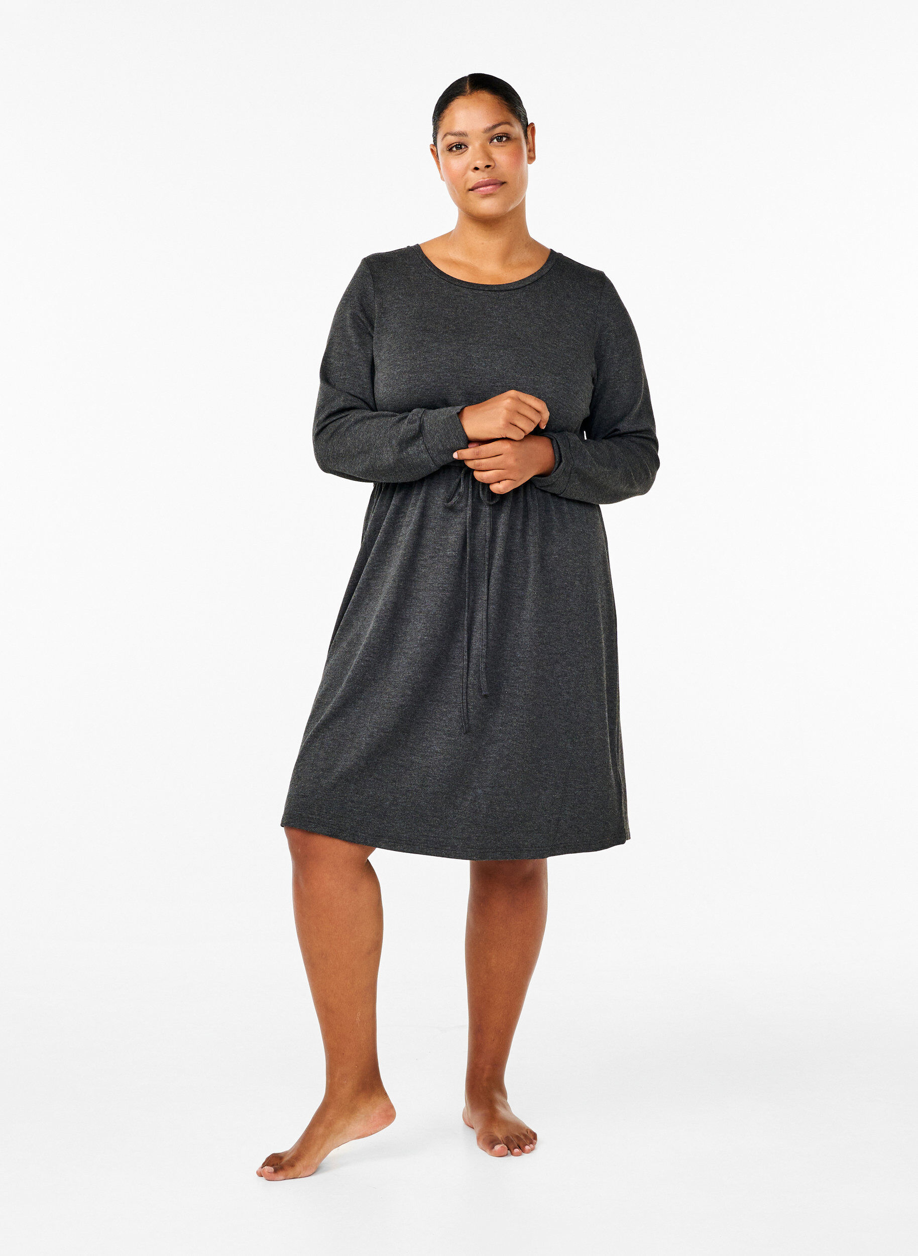 ZizziKnielanges Jerseykleid mit B&auml;ndern zum Binden, Dark Grey Melange, Model image number 2
