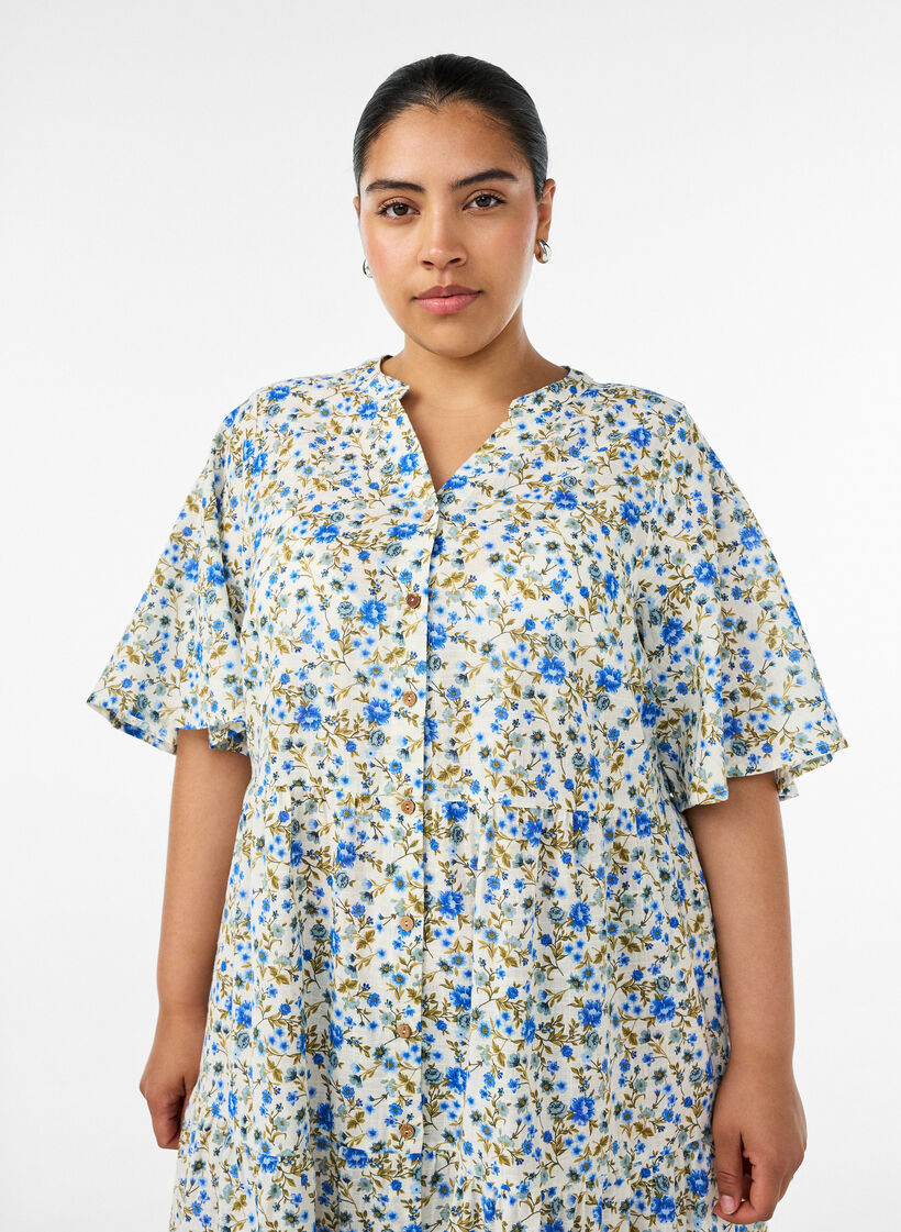Baumwoll-Midikleid mit Blumenprint, Blau, Model image number 2