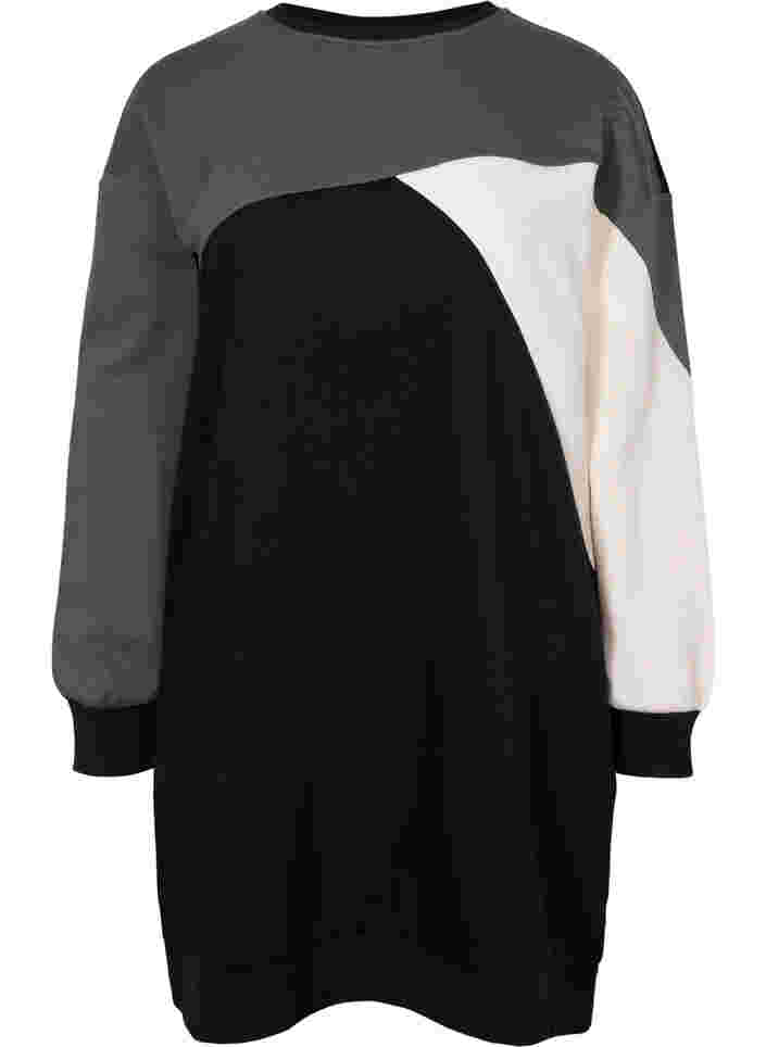 Langer Pullover mit Farbblock-Muster, Black Color Block, Packshot image number 0