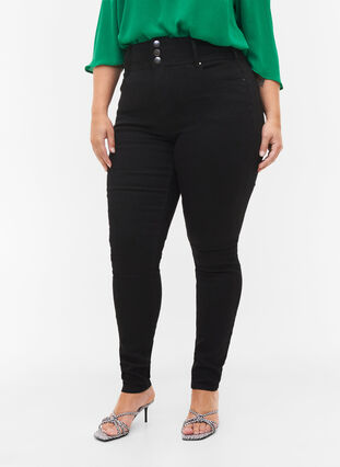 Super Slim Bea Jeans mit hoher Taille, Black, Model image number 2