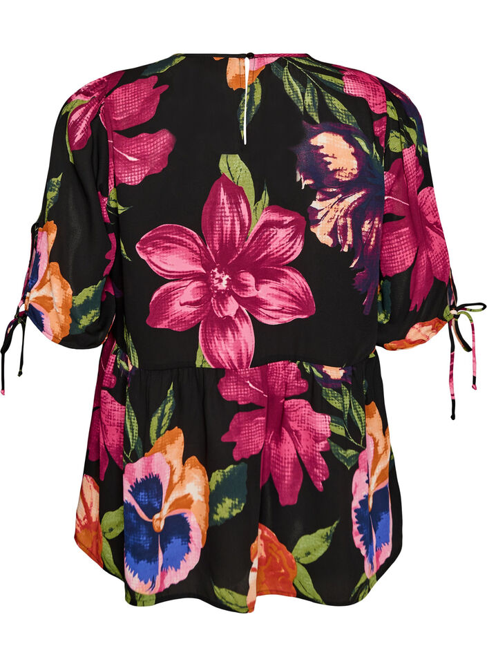 Bluse mit gebl&uuml;mtem Print und Peplum, Schwarz, Packshot image number 1