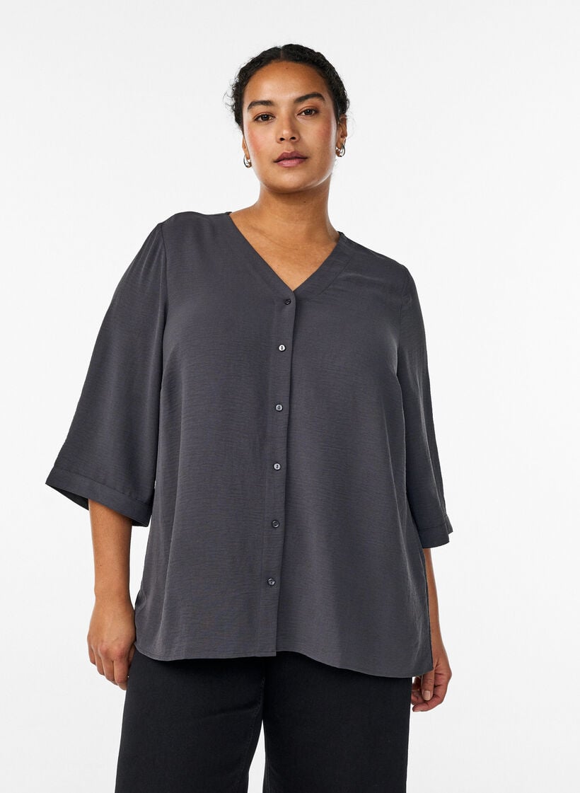 Bluse mit V-Ausschnitt und 3/4-&Auml;rmeln, Grau, Model image number 0