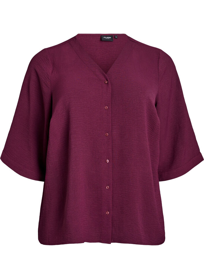 Bluse mit V-Ausschnitt und 3/4-&Auml;rmeln, Dunkles Bordeaux, Packshot image number 0